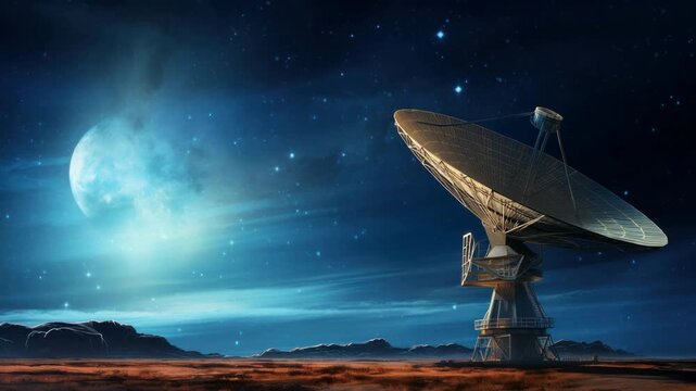 A dramatic low-angle shot of a satellite dish under a starry sky with a glowing moon, evoking a sci-fi video theme in a desert landscape. Live desktop wallpaper.
