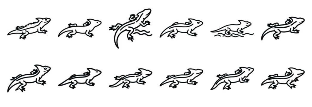 Collection of  basilisk lizard run  line art icons on white background. Set of animal linear symbols. Vector illustration.