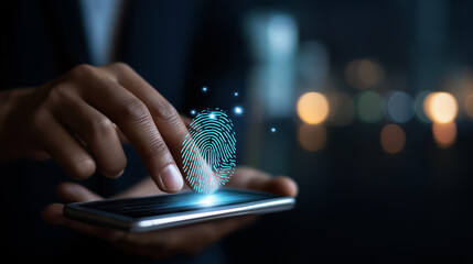 Personal data information security modern cell phone faceless man hand virtual screen digital security icons fingerprint biometric protection cyber safety defocused background