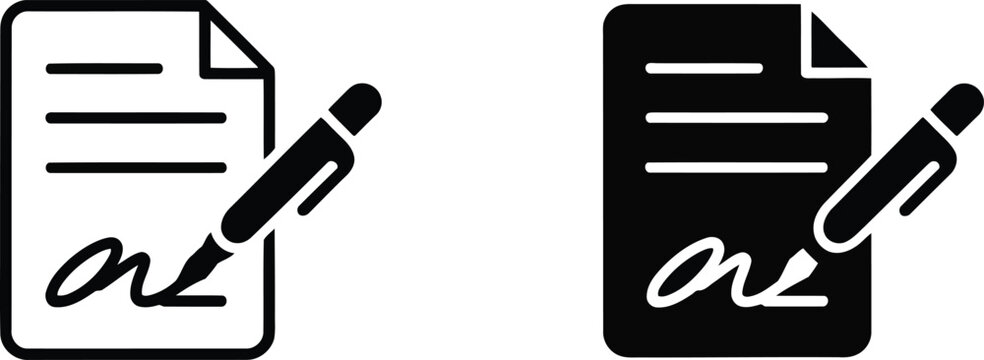 A modern outline and solid icon displaying a document with a clear signature and pen