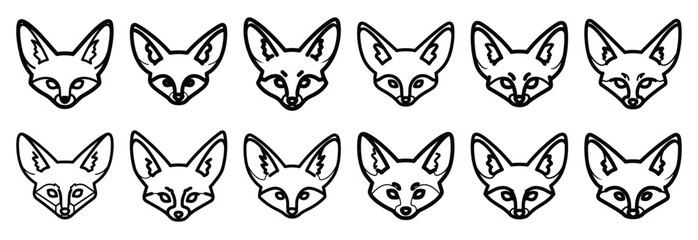 Fototapeta premium Collection of fennec fox big line art icons on white background. Set of animal linear symbols. Vector illustration.