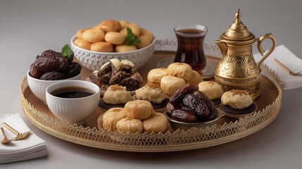Fototapeta premium A tray of food with a teapot and cups on it. The food includes nuts, cookies, and other snacks