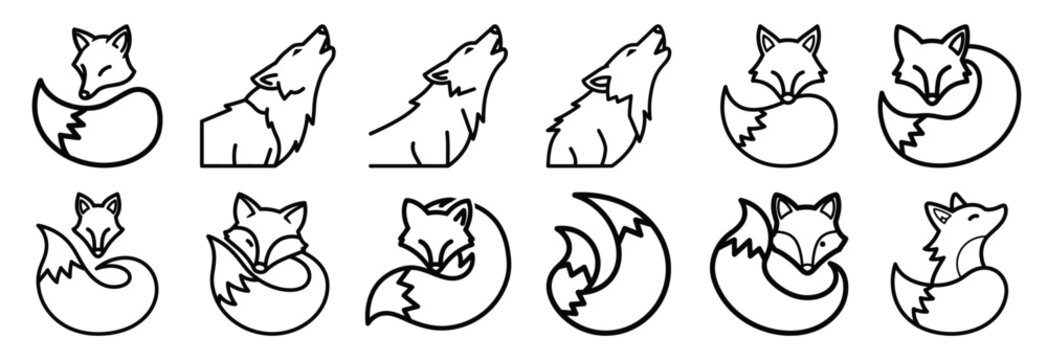 Collection of  fox tail curled  line art icons on white background. Set of animal linear symbols. Vector illustration.