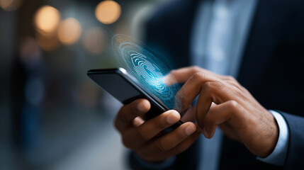 Faceless businessman using smart mobile phone access smartphone validate password biometric two steps authentication unlock security business technology security concept