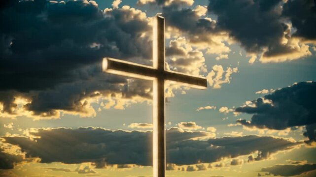 Glowing Christian cross standing against a dramatic sunset sky with sunbeams, religious symbol of faith and hope for spiritual worship and resurrection