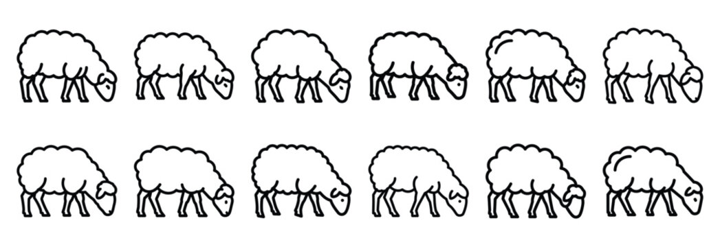 Collection of  grazing sheep  line art icons on white background. Set of animal linear symbols. Vector illustration.