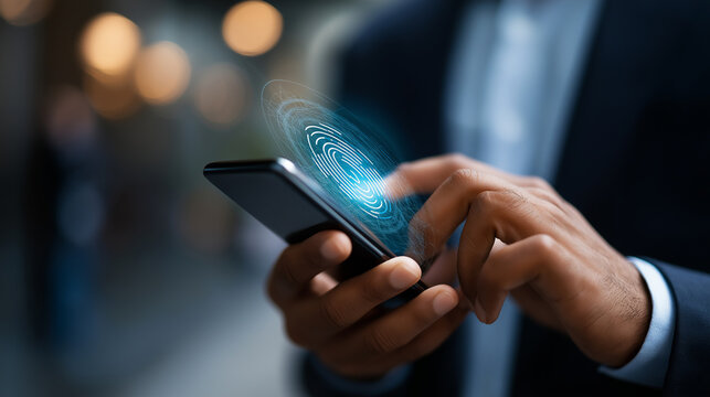 Faceless businessman using smart mobile phone access smartphone validate password biometric two steps authentication unlock security business technology security concept - Powered by Adobe