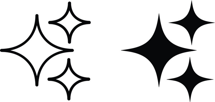 A pair of icon sets displaying three four pointed star shapes in both outline and solid black