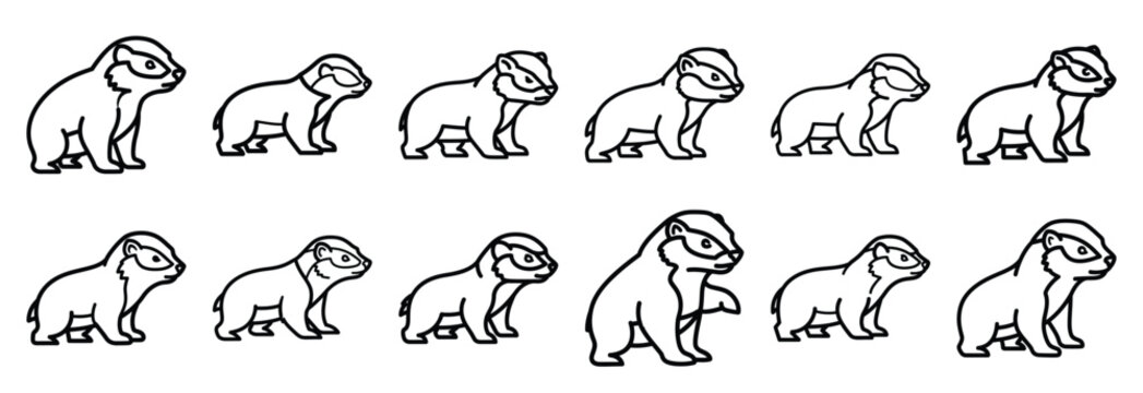 Collection of  honey badger tough  line art icons on white background. Set of animal linear symbols. Vector illustration.