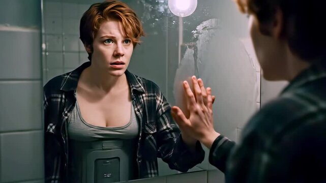 Young woman stands in dimly lit bathroom mirror, intense emotional confrontation with her reflection, hands raised in desperate gesture, raw vulnerability and inner turmoil captured in cold blue tones