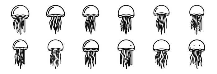 Collection of  jellyfish floating  line art icons on white background. Set of animal linear symbols. Vector illustration. © SreeAtul