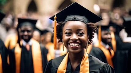 A joyful graduate in cap and gown smiles at the camera. Captured at eye level, this video frame conveys celebration and achievement.