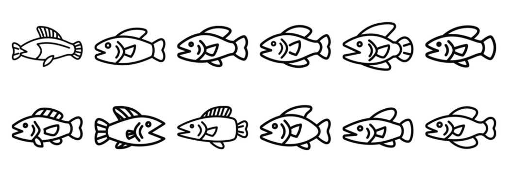 Collection of  lamprey suction mouth  line art icons on white background. Set of animal linear symbols. Vector illustration.