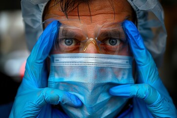 Medical worker prepares for task with protective gear in healthcare setting on a busy day