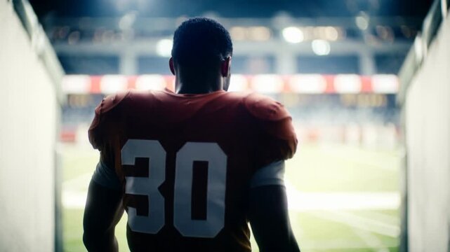 Rear view of an American football player walking through a stadium tunnel toward the field lights, professional athlete focus and preparation for championship game