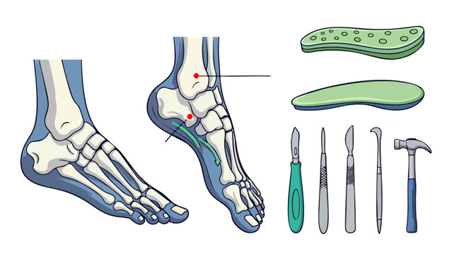 Podiatry Surgery Set and Foot Skeleton Anatomy with Orthotic Insoles Illustration
