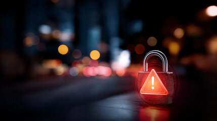 Cybersecurity threat detection concept digital padlock warning signs cyber alert security notification online protection technological defense digital safety defocused