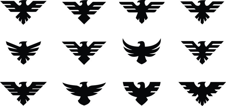 A varied selection of black eagle and phoenix symbols presented neatly against a bright white background