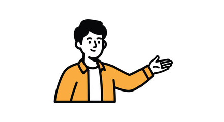 Obraz premium Friendly young man presenting or welcoming with an open hand gesture showcasing modern flat design style vector illustration on a clean isolated