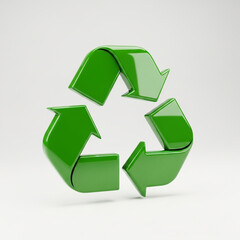 Fototapeta premium Recycling symbol in shiny green metallic finish with reflective lighting on white background for environmental awareness