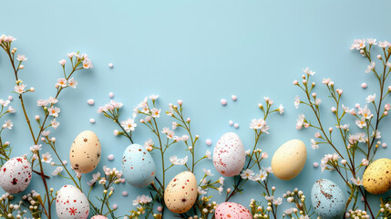 Colorful easter eggs with spring flowering branches on blue background. Easter card, mockup, background, frame. Copy space.