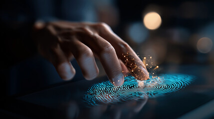 Futuristic digital processing biometric identification fingerprint scanner access personal financial data surveillance security scanning digital programs cyber futuristic