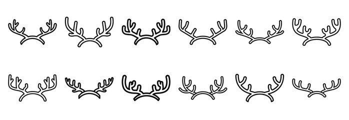 Collection of  reindeer antlers wide  line art icons on white background. Set of animal linear symbols. Vector illustration. © SreeAtul