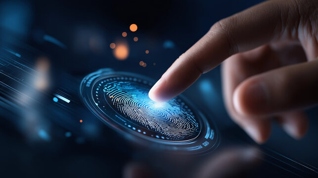 Futuristic digital processing biometric identification fingerprint scanner access personal financial data surveillance security scanning digital programs cyber futuristic - Powered by Adobe