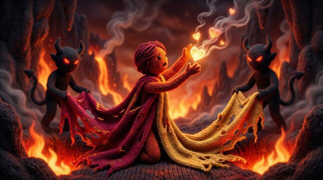 Knitted toy in a fiery hell guarded by two devils, holding glowing heart in hands. Bible story concept art for children educational material.