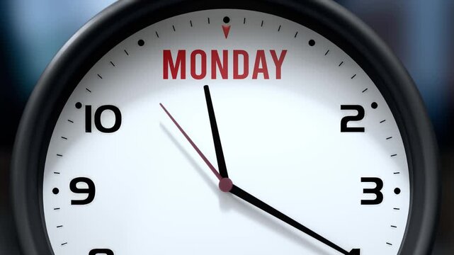 Monday that is going to happen soon. Upcoming monday, approaching in the near future. Monday almost here, in a short time - a clock symbolizes a reminder that monday is near.