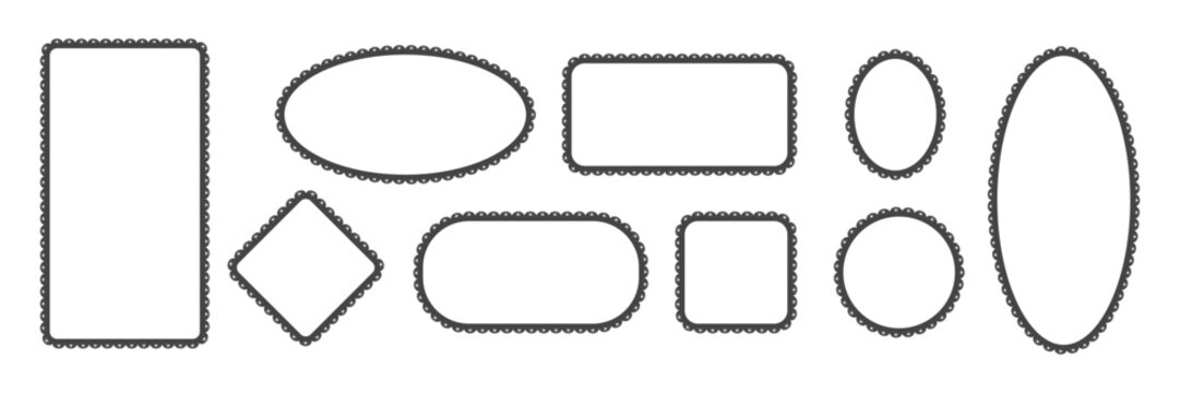 Set of lace frames. Decorative rectangle, oval and circle border with scallop shape. Vector