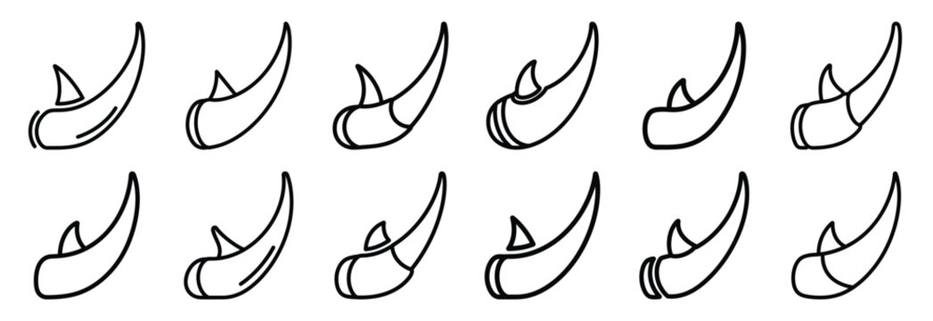 Collection of  rhinoceros horn strong  line art icons on white background. Set of animal linear symbols. Vector illustration.