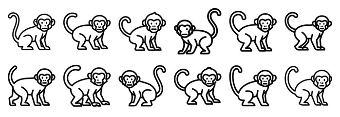 Collection of  saki monkey bushy  line art icons on white background. Set of animal linear symbols. Vector illustration. © SreeAtul