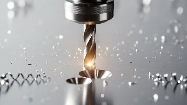 Close-up of a drill bit creating holes in a l surface, industrial process.