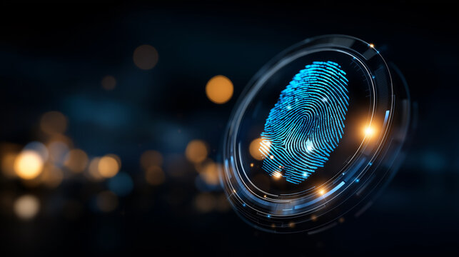 Futuristic digital processing biometric identification fingerprint scanner access personal financial data surveillance security scanning digital programs cyber futuristic - Powered by Adobe