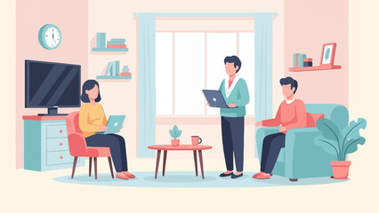 Three people work on laptops in a cozy living room with a tv, clock, and plants