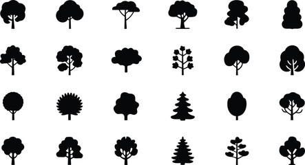Obraz premium An extensive collection of varied black tree silhouettes showcasing diverse species and natural forms on a bright white background