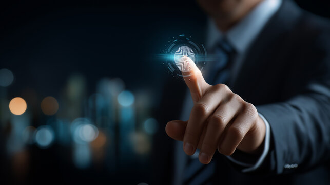 Faceless businessman using fingerprint identification access personal financial data idea electronic know your customer biometrics security innovation technology against digital - Powered by Adobe