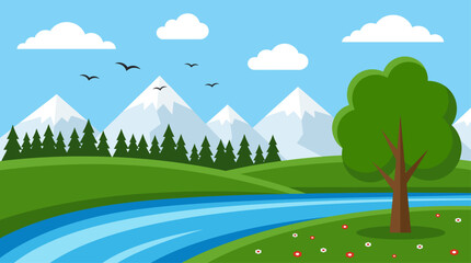 Obraz premium Flat Design Vector Illustration of a Peaceful Mountain Landscape with River and Forest