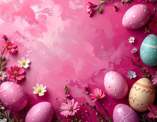 bunte Ostereier und Blumen vor einem pinken Hintergrund mit Platz f&uuml;r eigenen Text