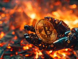 Gold bitcoin coin in robot's hand on blurry background of pile of burning paper dollars. Symbol of Technology and Finance in Cryptocurrency. Close-up.
