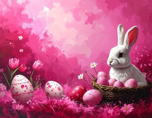 niedliches wei&szlig;es H&auml;schen in einem Korb umgeben von Ostereiern - pinker Hintergrund mit Platz f&uuml;r eigenen Text 