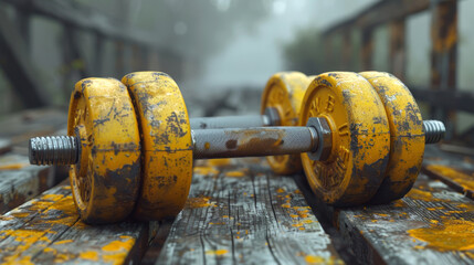 Old rusty yellow sports dumbbells are lying on dirty wooden floor in abandoned place. Close-up. Copy space