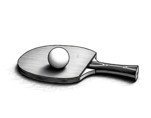 Ping Pong Equipment. Tennis racket with ball. Playing table tennis, sport. Black and white graphic drawing, sketch. Copy space.