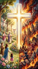 Fototapeta premium Knitted cross dividing heaven and hell illustrating good versus evil. Christian story and biblical education for children concept.