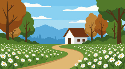 Fototapeta premium Spring Landscape Vector Illustration with Country House and Daisy Flower Meadow in Flat Design Style