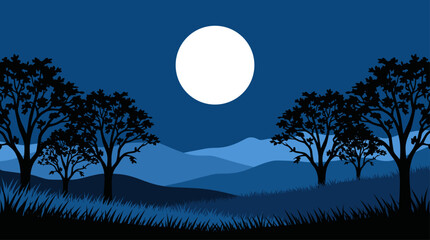 Fototapeta premium Minimalist Landscape Vector Illustration of Moonlit Hills and Forest in Flat Design Style