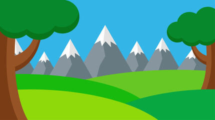 Minimalist Landscape Vector Illustration of Snowy Mountains and Green Hills in Flat Design Style