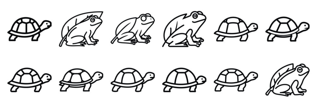 Collection of  turtle slow walk  line art icons on white background. Set of animal linear symbols. Vector illustration.