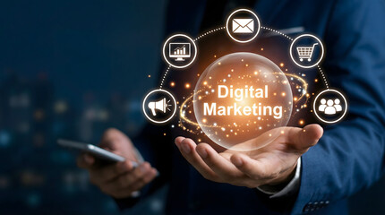 Professional hands showing glowing digital marketing sphere with various business icons on